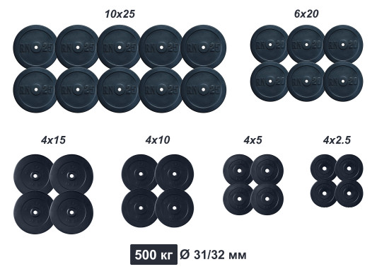 500 кг (Граніліт 10х25, 6х20 + Композит 4х15, 4х10, 4х5, 4х2.5) набір дисків RN-Sport (31 мм)