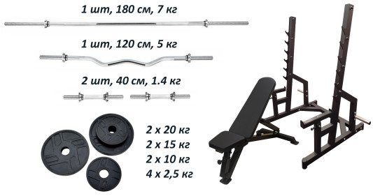 Скамья PE208 + Стойки Black Rock + 4 грифа + Набор металлических обрезиненных дисков 120 кг
