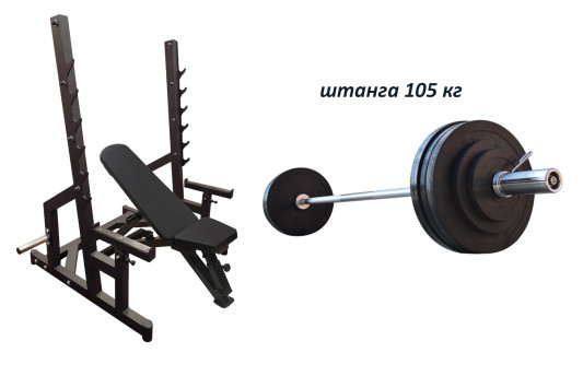 Проф. скамья PE208 + Стойки Black Rock + Штанга обрезиненная 105 кг с олимпийским грифом