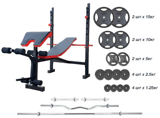 Скамья для жима ReadMeBlack + Штанга металлическая 83 кг, гриф W, гантели RN-Sport