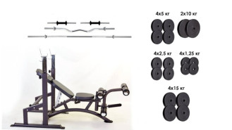 Скамья Iron Body 7858 + 4 грифа + 115 кг блинов композитных