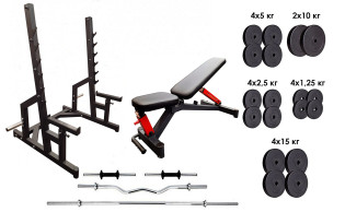 Профессиональная скамья со стойками RN-Sport black rock + 4 грифа 115 кг блинов