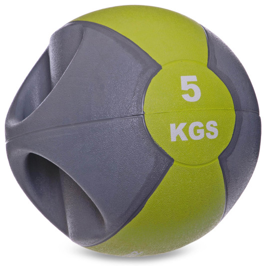 Мяч для кроссфита с двумя ручками FI-2619-5 5 кг серый-зеленый