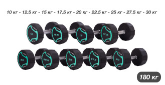 Гантельный ряд 10-30 кг Цельные профессиональные LI NUO GREEN 9 шт