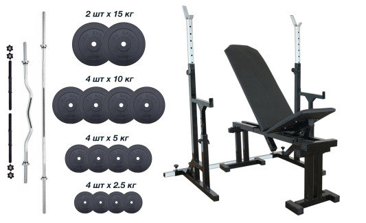 RN-Sport UM 0100. Скамья для жима, стойки для приседаний + 100 кг блинов и 4 грифа
