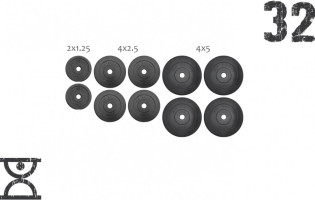 32 кг (4x5, 4х2.5, 2x1.25) дисков, покрытых пластиком (31 мм)